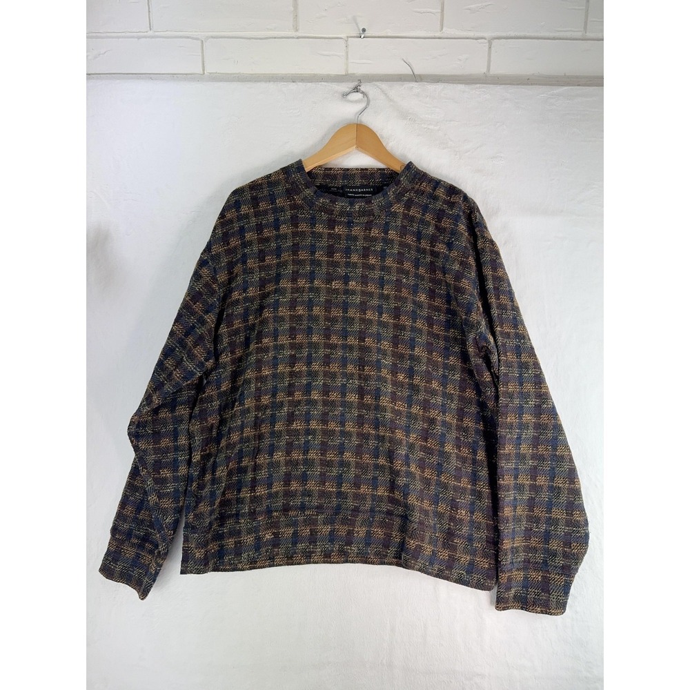 Jhane Barnes‎ Sweater Mens Medium Brown Blue Wool Blend Plaid Crewneck Pullover